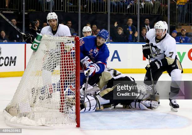 Derick Brassard of the New York Rangers scores a goal in the second period against the Pittsburgh Penguins during Game Six of the Second Round of the...