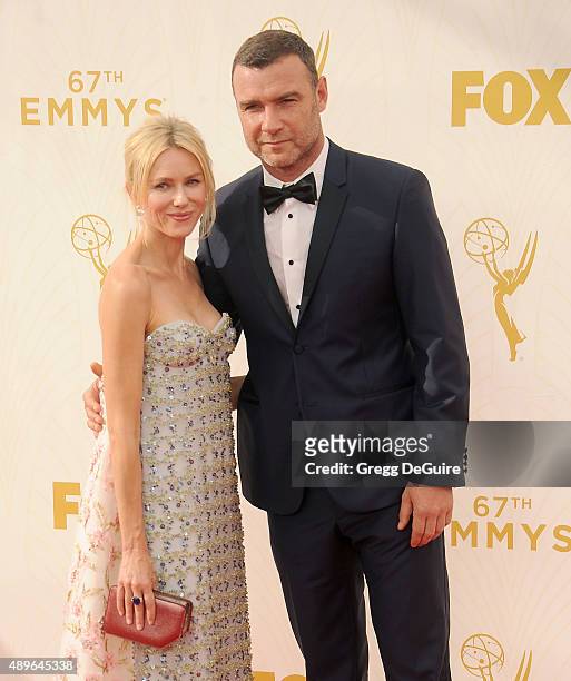 Actors Naomi Watts and Liev Schreiber arrive at the 67th Annual Primetime Emmy Awards at Microsoft Theater on September 20, 2015 in Los Angeles,...