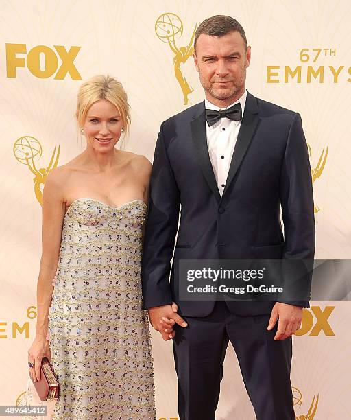 Actors Naomi Watts and Liev Schreiber arrive at the 67th Annual Primetime Emmy Awards at Microsoft Theater on September 20, 2015 in Los Angeles,...