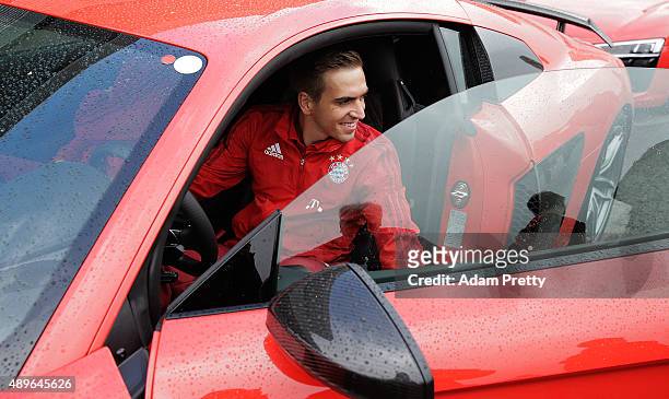 Philipp Lahm of Bayern Munich prepares for the Audi Driving Experience and the Audi to FC Bayern Muenchen new car handover event on September 23,...