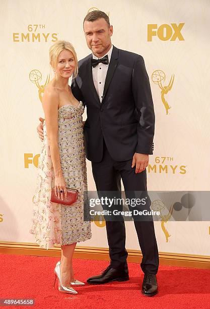 Actors Naomi Watts and Liev Schreiber arrive at the 67th Annual Primetime Emmy Awards at Microsoft Theater on September 20, 2015 in Los Angeles,...