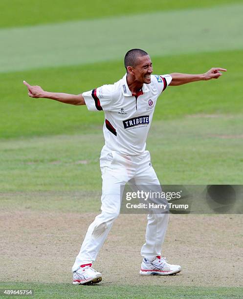 Alfonso Thomas of Somerset celebrates after dismissing Ian Bell of Warwickshire during the LV County Championship match between Somerset and...