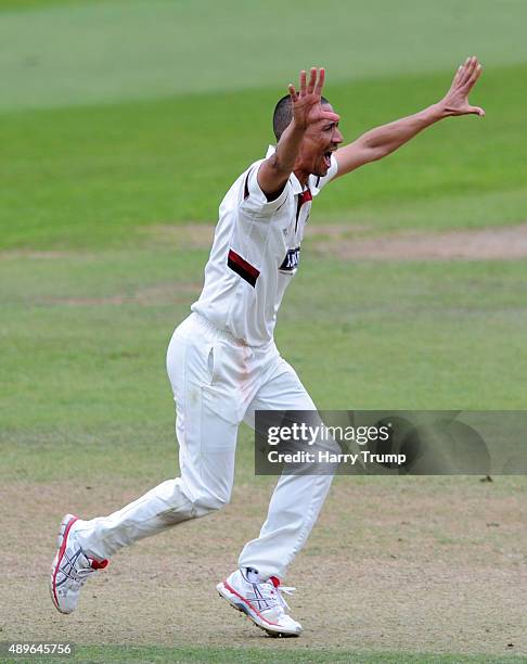 Alfonso Thomas of Somerset celebrates after dismissing Ian Bell of Warwickshire during the LV County Championship match between Somerset and...