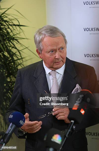 Wolfgang Porsche, chairman of Porsche SE, looks on as the resignation of VW Chief Executive Officer Martin Winterkorn is announced at the automobile...