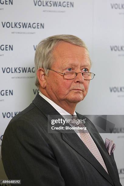 Wolfgang Porsche, chairman of Porsche SE, looks on as the resignation of VW Chief Executive Officer Martin Winterkorn is announced at the automobile...