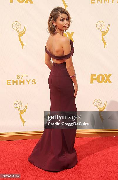 Actress Sarah Hyland arrives at the 67th Annual Primetime Emmy Awards at Microsoft Theater on September 20, 2015 in Los Angeles, California.