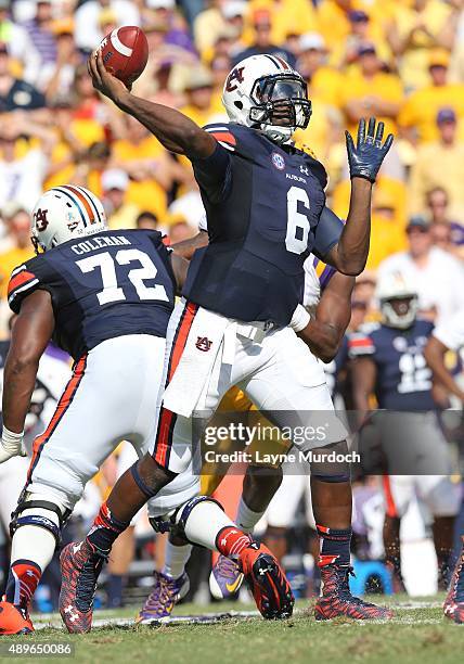 Jeremy Johnson of the Auburn University Tigers passes the ball against the Louisiana State University Tigers at Tiger Stadium on September 19, 2015...