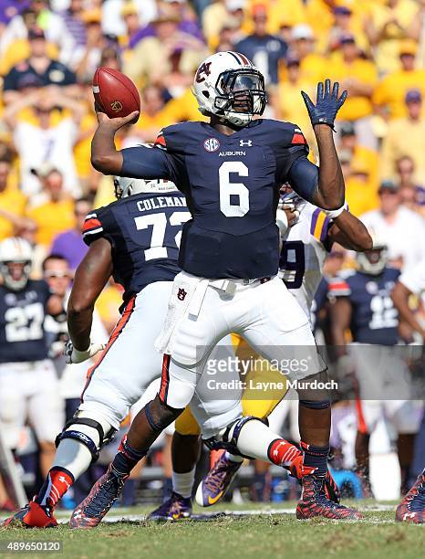 Jeremy Johnson of the Auburn University Tigers passes the ball against the Louisiana State University Tigers at Tiger Stadium on September 19, 2015...