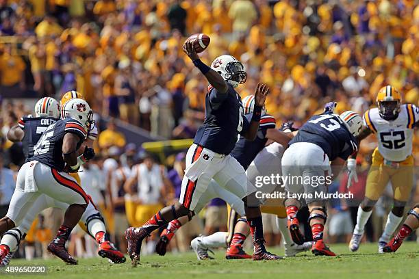 Jeremy Johnson of the Auburn University Tigers passes the ball against the Louisiana State University Tigers at Tiger Stadium on September 19, 2015...