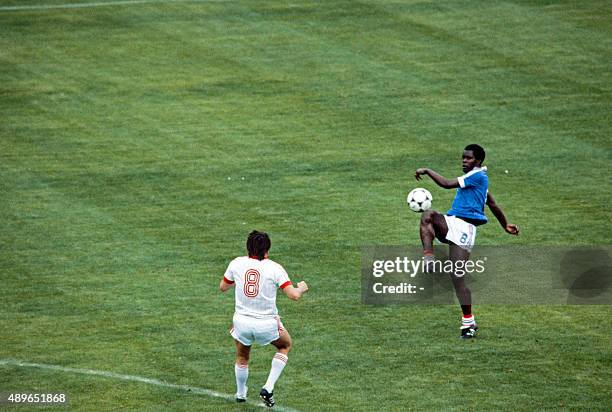 French defender Marius Tresor faces to Czechoslovakia's player during the 1982 World Cup football match between Czechoslovakia and France on June 24,...