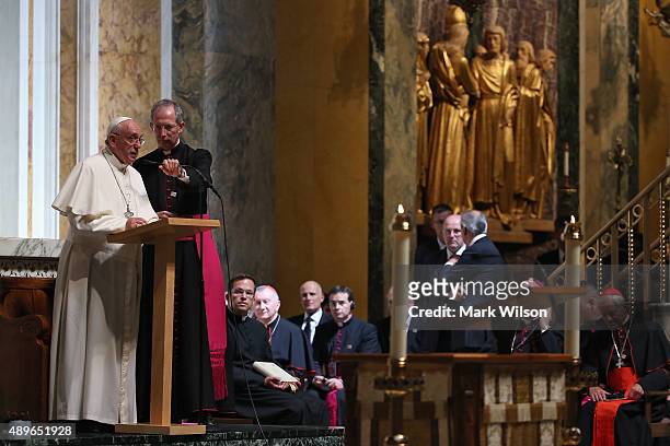 Pope Francis speaks to bishops during the midday prayer service at the Cathedral of St. Matthew on September 23, 2015 in Washington, DC. The Pope...