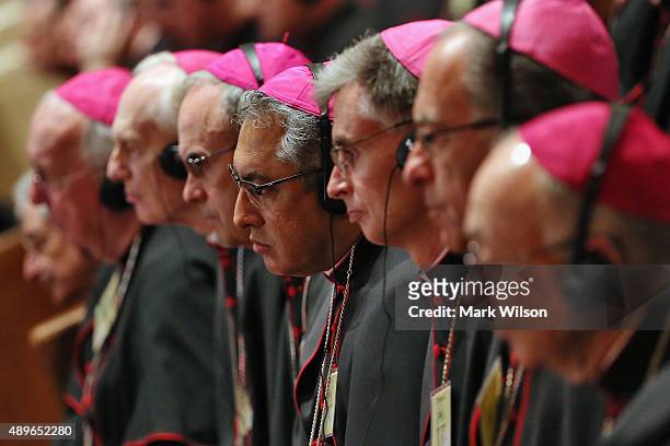 Bishops listen to Pope Francis speak during the midday prayer service at the Cathedral of St. Matthew on September 23, 2015 in Washington, DC. The...