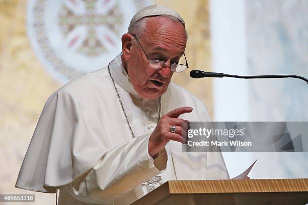 Pope Francis speaks to bishops during the midday prayer service at the Cathedral of St. Matthew on September 23, 2015 in Washington, DC. The Pope...