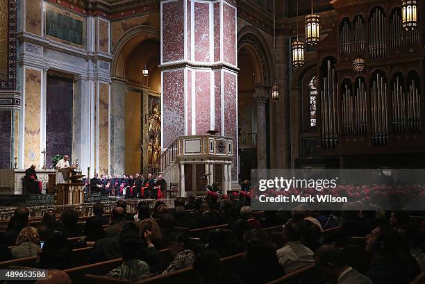 Pope Francis speaks to bishops during the midday prayer service at the Cathedral of St. Matthew on September 23, 2015 in Washington, DC. The Pope...