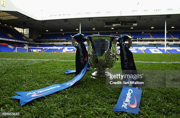 The League Cup trophy on display prior to the Capital One Cup third round match between Tottenham Hotspur and Arsenal at White Hart Lane on September...