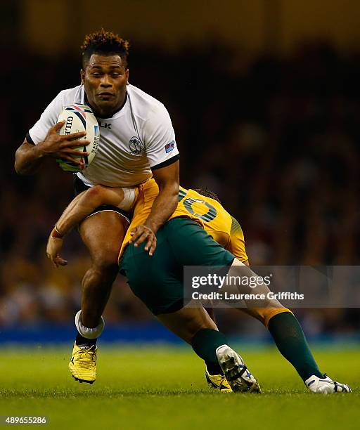 Metuisela Talebula of Fiji is tackled by Bernard Foley of Australia during the 2015 Rugby World Cup Pool A match between Australia and Fiji at the...