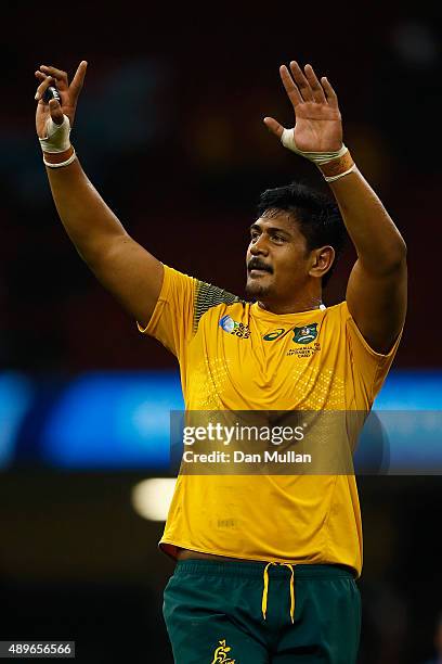 Will Skelton of Australia celebrates after the 2015 Rugby World Cup Pool A match between Australia and Fiji at the Millennium Stadium on September...