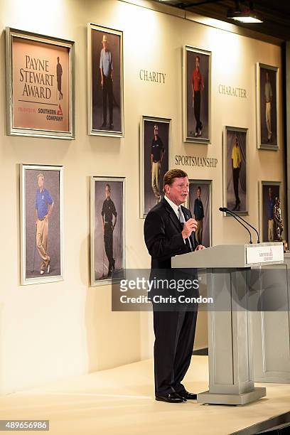 Southern Company CEO Tom Fanning speaks before presenting the Payne Stewart Award to Ernie Els at a ceremony held following practice for the TOUR...
