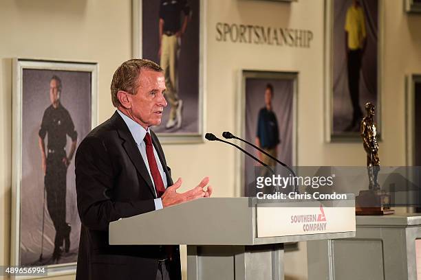 Commissioner Tim Finchem speaks before presenting the Payne Stewart Award to Ernie Els at a ceremony held following practice for the TOUR...