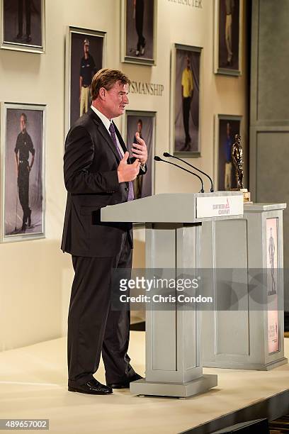 Ernie Els of South Africa speaks after receiving the Payne Stewart Award at a ceremony held following practice for the TOUR Championship by...