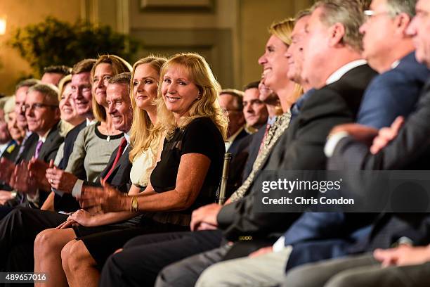Tracey Stewart, wife of the late golfer Payne Stewart, and their daughter Chelsea, left, attend the Payne Stewart Award ceremony for Ernie Els, held...