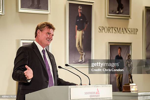 Ernie Els of South Africa speaks after receiving the Payne Stewart Award at a ceremony held following practice for the TOUR Championship by...