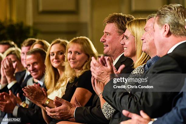Tracey Stewart, wife of the late golfer Payne Stewart, and their daughter Chelsea attend the Payne Stewart Award ceremony for Ernie Els, center, held...