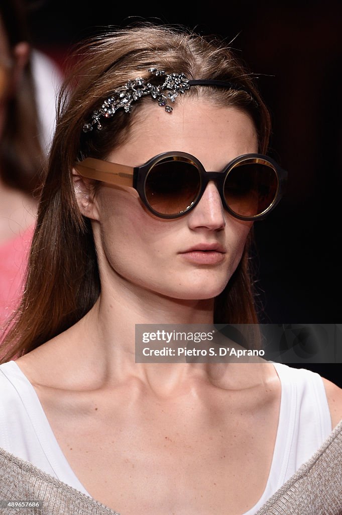 A model , detail, walks the runway during the N.21 fashion show as ...