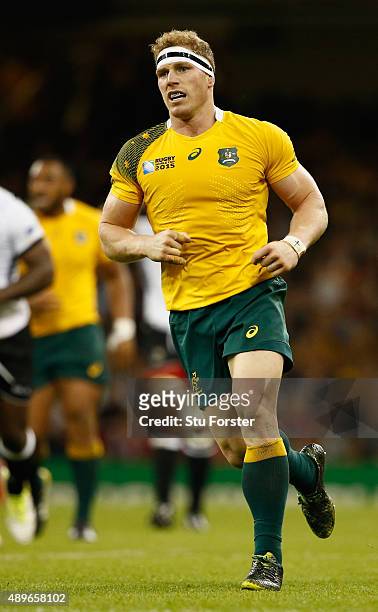 David Pocock of Australia in action during the 2015 Rugby World Cup Pool A match between Australia and Fiji at Millennium Stadium on September 23,...