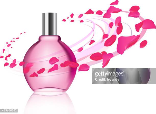 ilustraciones, imágenes clip art, dibujos animados e iconos de stock de perfumes y pétalos de rosa - perfume