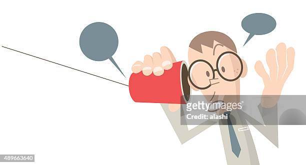 businessman talking on paper cup phone, in a whisper - freckle stock illustrations