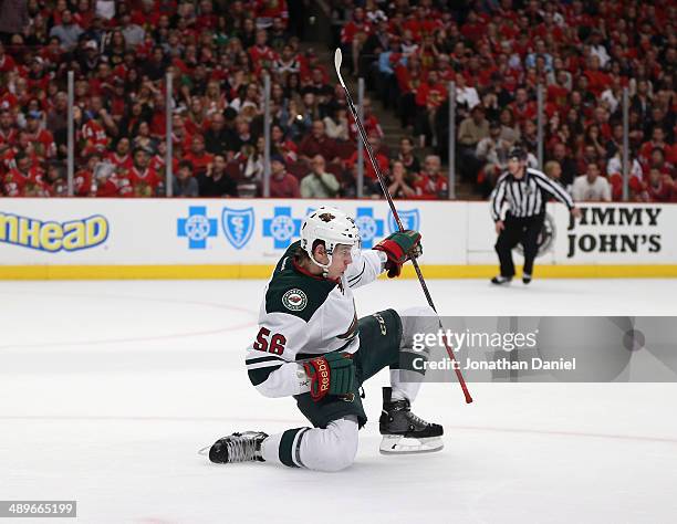 Erik Haula of the Minnesota Wild celebrates his first period goal against the Chicago Blackhawks in Game Five of the Second Round of the 2014 NHL...