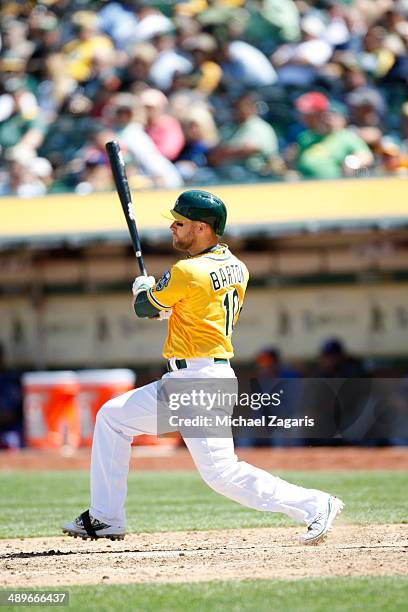 Daric Barton of the Oakland Athletics bats during the game against the Texas Rangers at O.co Coliseum on April 23, 2014 in Oakland, California. The...