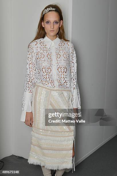 Model is seen backstage ahead of the N.21 show during Milan Fashion Week Spring/Summer 2016 on September 23, 2015 in Milan, Italy.