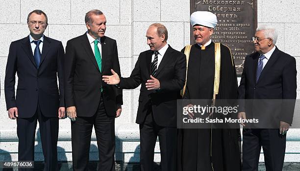 Russian businessman Suleiman Kerimov, Turkish President Tayyip Erdogan, Russian President Vladimir Putin,Russian Grand Mufti Ravil Gainutdin and...