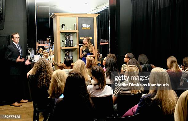 Greg Fish of SharkNinja and Sofia Vergara speak during the Ninja Coffee Bar launch at Andaz Hotel on September 23, 2015 in New York City.