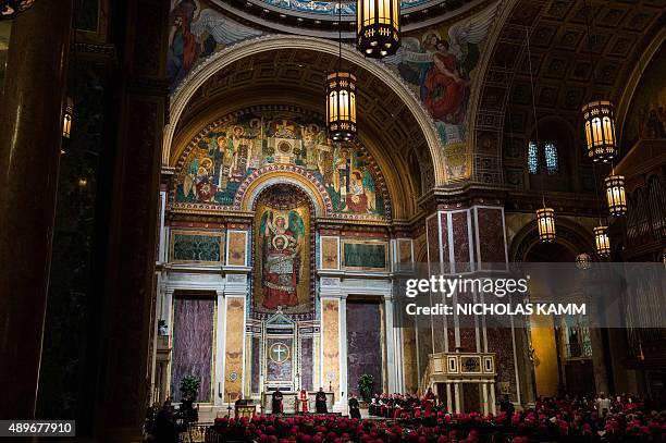 Pope Francis attends a midday prayer with US bishops at the Cathedral of St. Matthew the Apostle in Washington, DC, on September 23, 2015 on the...