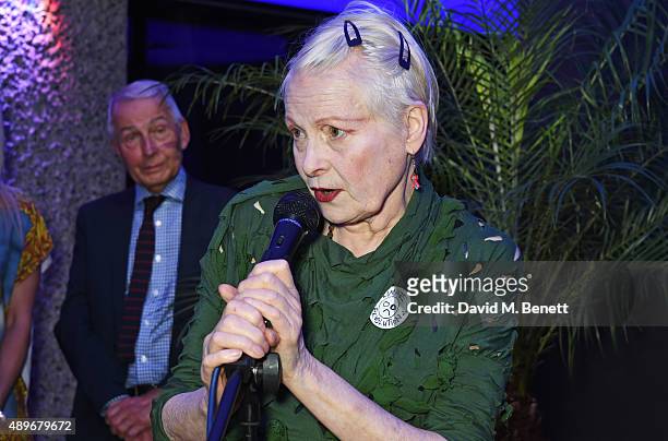 Dame Vivienne Westwood speaks as Frank Field MP listens at the launch of the Cool Earth Goes Global initiative hosted by Dame Vivienne Westwood and...