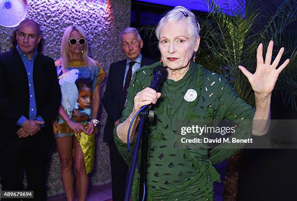 Dame Vivienne Westwood speaks as Johan Eliasch, Pamela Anderson and Frank Field MP listen at the launch of the Cool Earth Goes Global initiative...