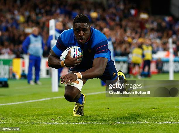 Yannick Nyanga of France goes over to score his teams second try during the 2015 Rugby World Cup Pool D match between France and Romania at the...