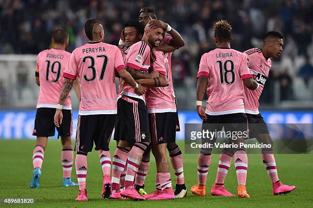 Simone Zaza of Juventus FC celebrates after scring the opening goal with team mates during the Serie A match between Juventus FC and Frosinone Calcio...