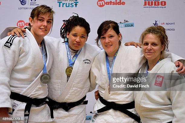 Over 78kg medallists : Silver: Martine Demkes NED, Gold: Ketty Mathe FRA, Bronzes: Janine Penders NED and Joanna Jaworska POL during the London...