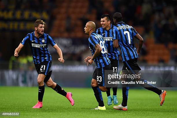 Felipe Melo of FC Internazionale celebrates after scoring the opening goal during the Serie A match between FC Internazionale Milano and Hellas...
