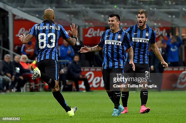 Felipe Melo of Internazionale Milano celebrates after scoring the opening goal during the Serie A match between FC Internazionale Milano and Hellas...