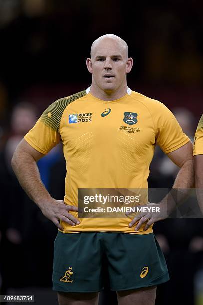 Australia's hooker and captain Stephen Moore is pictured prior to a pool A match of the 2015 Rugby Union World Cup between Australia and Fiji at...