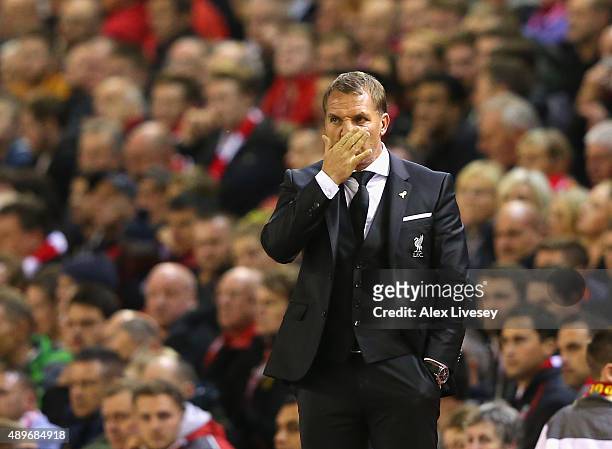 Brendan Rodgers the manager of Liverpool looks on during the Capital One Cup Third Round match between Liverpool and Carlisle United at Anfield on...