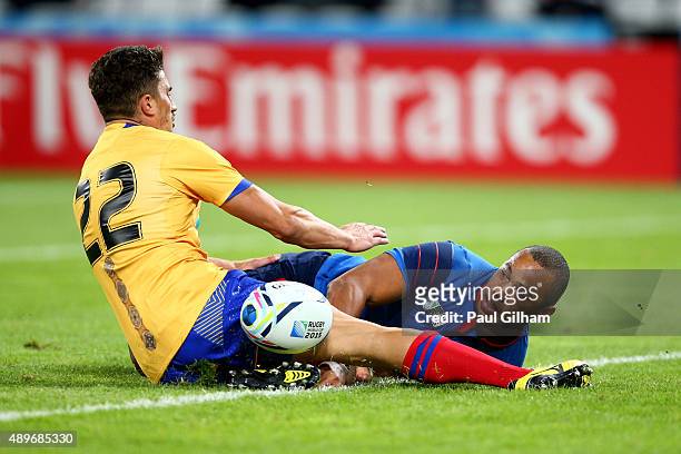 Gael Fickou of France goes over to score his teams fifth try during the 2015 Rugby World Cup Pool D match between France and Romania at the Olympic...