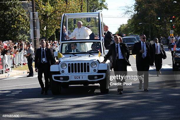 Pope Francis arrives at Catholic University for the Canonization Mass of Father Junipero Serra on September 23, 2015 in Washington, D.C. The Pope...