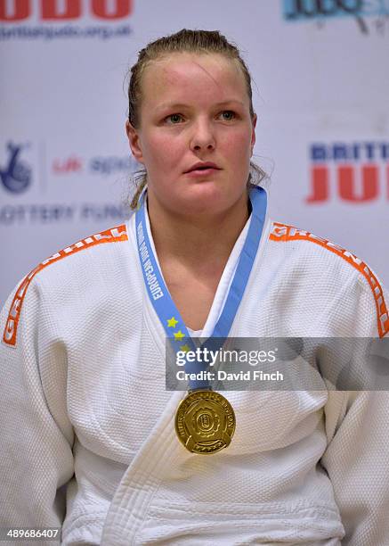 Under 70kg gold medallist, Sanne Lisa Van Dijke NED, during the London British Open Senior European Judo Cup at the K2 Arena on May 11, 2014 in...