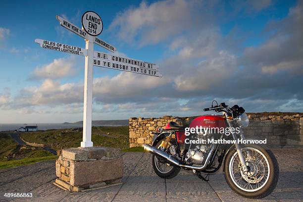 Royal Enfield motorcycle in Land's End, England. Royal Enfield motorcycle riders took part in the 'Top to Tip' sprint ride to mark the 50th...